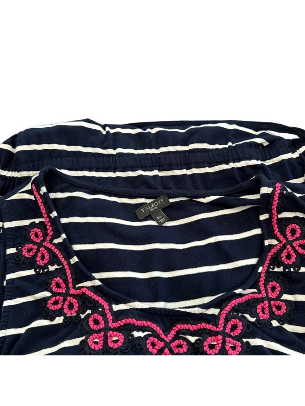 Talbots Dress Women M Petite Navy Blue White Striped Pink Embroidered Maxi Dress - Picture 11 of 16